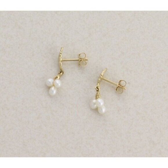 14k Yellow Gold Natural Pearl & Leaf Earrings Dangle Drop - Picture 3 of 6